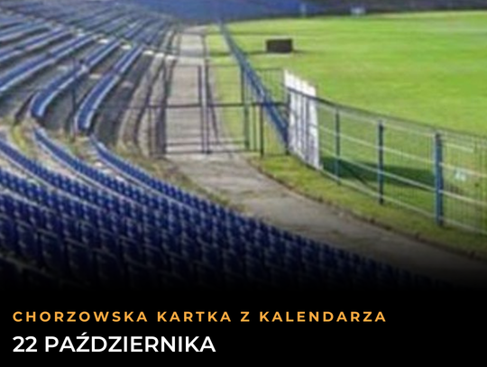 Grafika z datą 22 października na tle współczesnego zdjęcia stadionu Ruchu Chorzów przy ul. Cichej