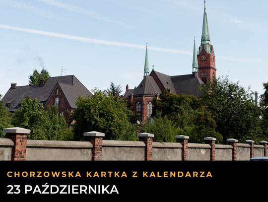 Kościół Wniebowzięcia Najświętszej Maryi Panny w Chorzowie Batorym, widok od wschodu, grafika kartki z datą 23 października.