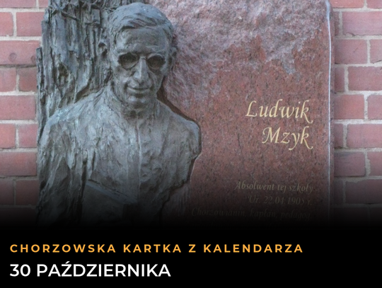 Tablica upamiętniająca Ludwika Mzyka przy Szkole Podstawowej nr 24 w Chorzowie na grafice kartki z kalendarza z datą 30 października
