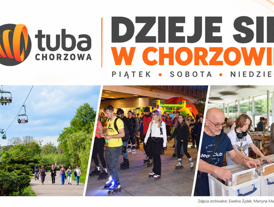 Grafika cyklu Dzieje się w Chorzowie z logo Tuby Chorzowa oraz archiwalnymi zdjęciami lokalnych wydarzeń.