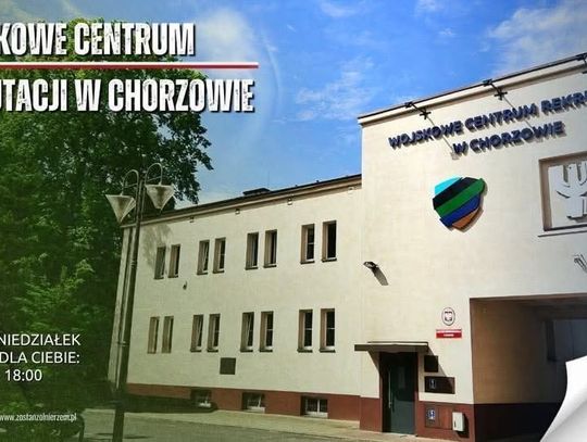 Budynek Wojskowego Centrum Rekrutacji w Chorzowie na grafice informującej o poniedziałkowym dyżurze od 7:30 do 18:00.
