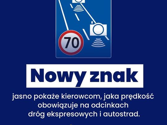 Grafika Kancelarii Premiera przedstawiająca proponowany znak odcinkowego pomiaru prędkości z przykładowym limitem 70 km/h