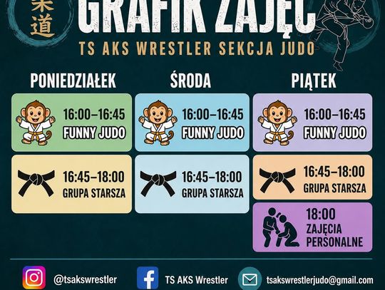 Plakat naborowy TS AKS Wrestler Chorzów z grafikiem zajęć judo