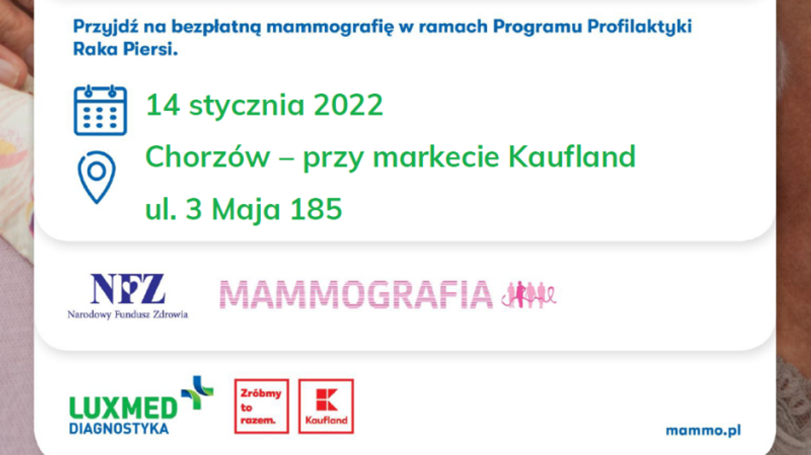 Bezpłatne badania mammograficzne odbędą się w piątek, 14 stycznia przy markecie "Kaufland" Bezpłatne badania mammograficzne odbędą się w piątek, 14 stycznia przy markecie "Kaufland"