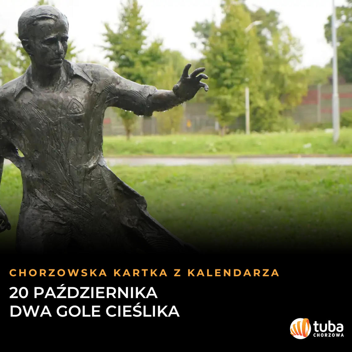 Chorzowska kartka z kalendarza: 20 października. Dwa gole Cieślika, które przeszły do historii Współczesne zdjęcie pomnika Gerarda Cieślika w Chorzowie na grafice kartki z kalendarza z datą 20 października.
