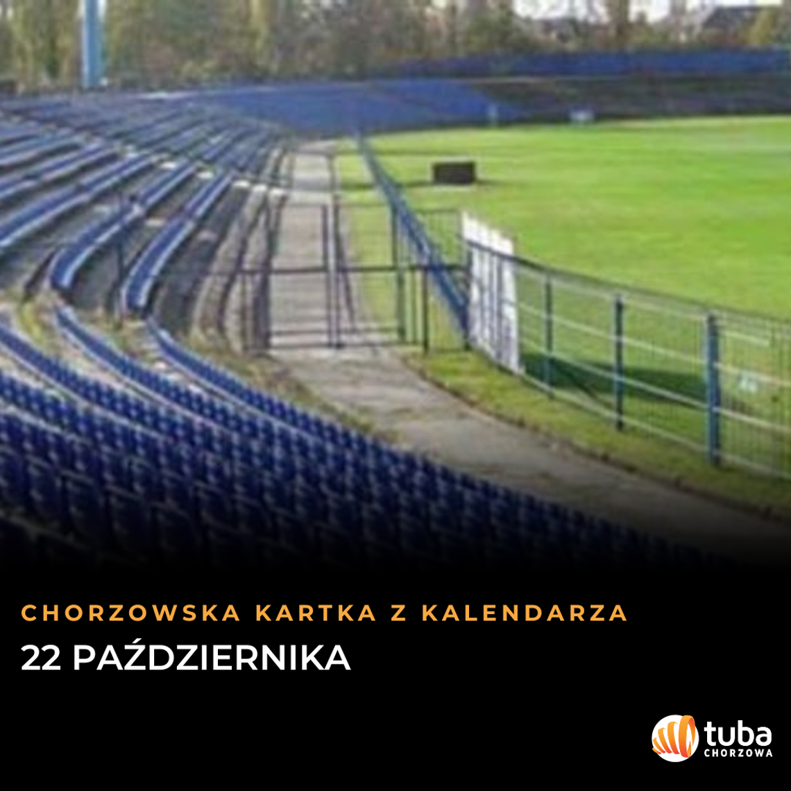 Grafika z datą 22 października na tle współczesnego zdjęcia stadionu Ruchu Chorzów przy ul. Cichej