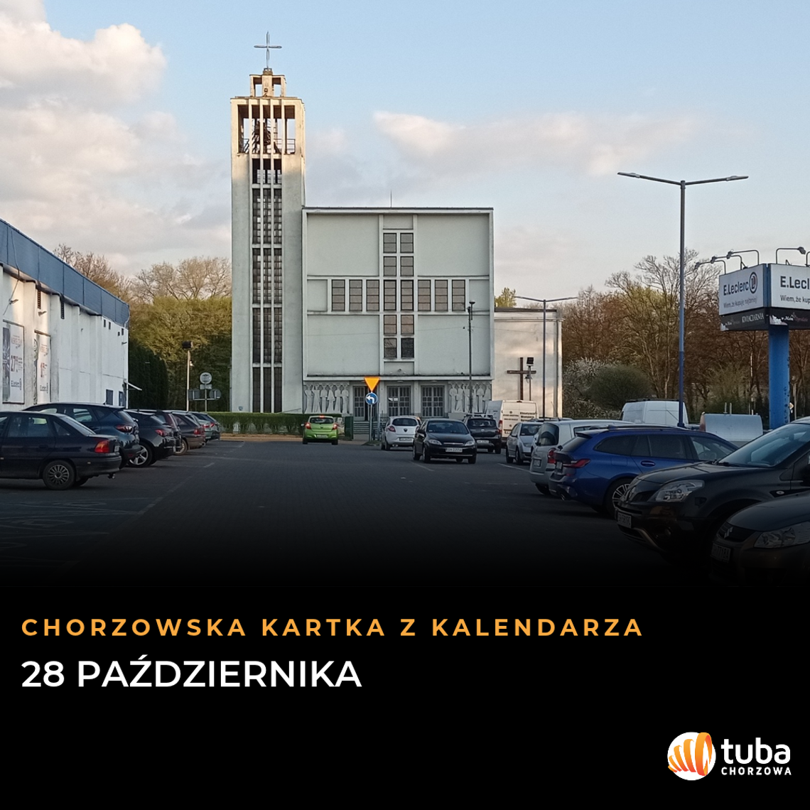 Chorzowska kartka z kalendarza: 28 października. Konsekracja kościoła św. Floriana i powrót Ruchu na Śląski Współczesne zdjęcie kościoła św. Floriana w Chorzowie na grafice kartki z kalendarza z datą 28 października.