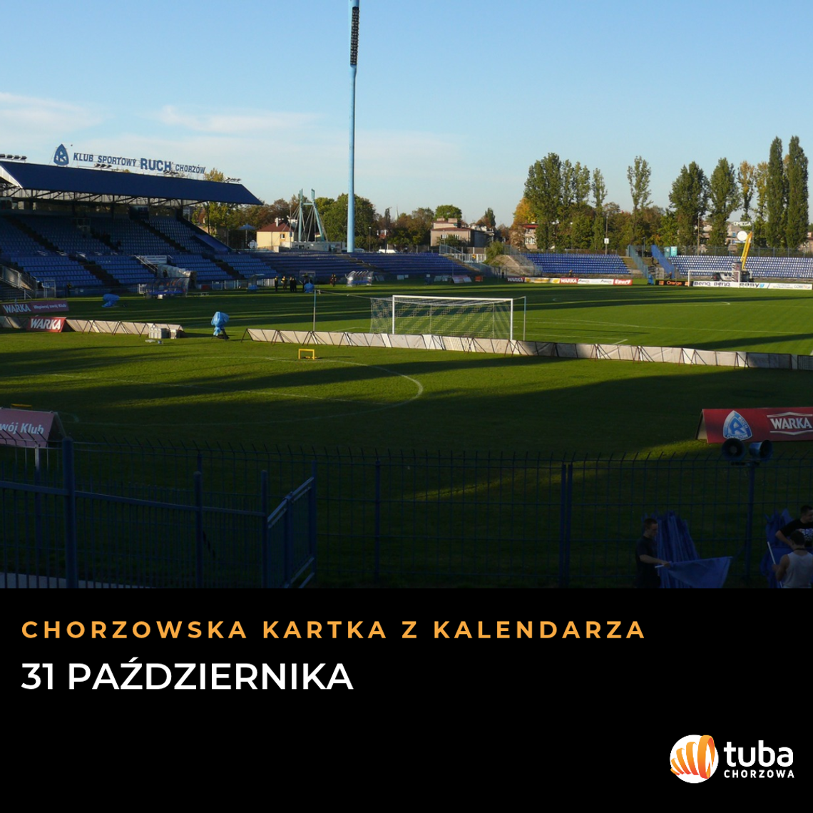Chorzowska kartka z kalendarza: 31 października Ruch po raz pierwszy zagrał przy światłach Grafika kartki z kalendarza na 31 października: stadion Ruchu Chorzów przy Cichej 6 z masztem oświetleniowym.