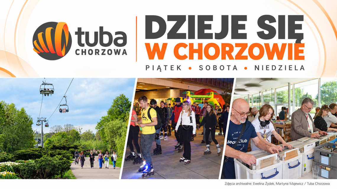 Dzieje się w Chorzowie. Co robić w weekend 23–25 października? Grafika cyklu Dzieje się w Chorzowie z logo Tuby Chorzowa oraz archiwalnymi zdjęciami lokalnych wydarzeń.