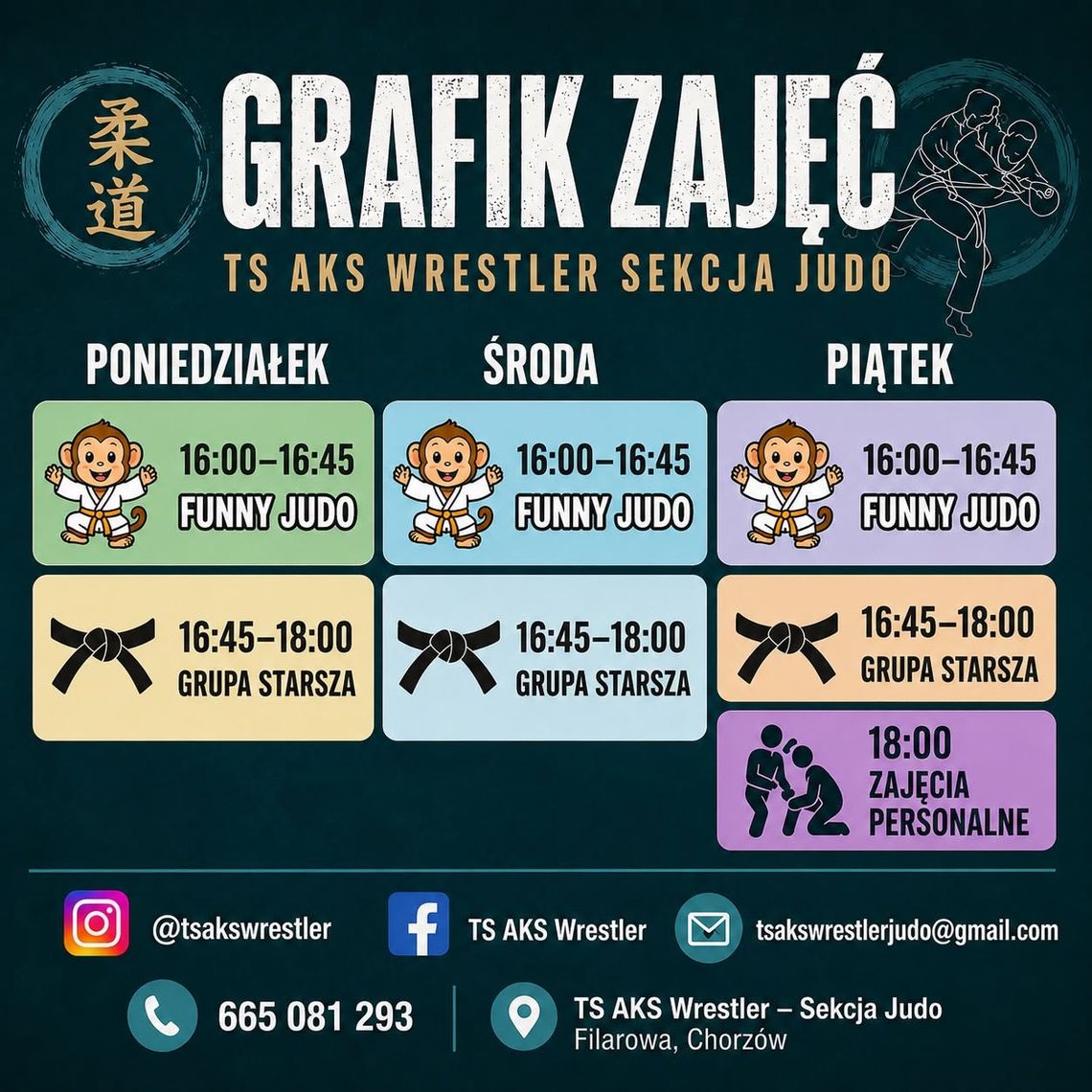 Gdzie trenować w Chorzowie? Kluby i zajęcia na jesień 2026 Plakat naborowy TS AKS Wrestler Chorzów z grafikiem zajęć judo